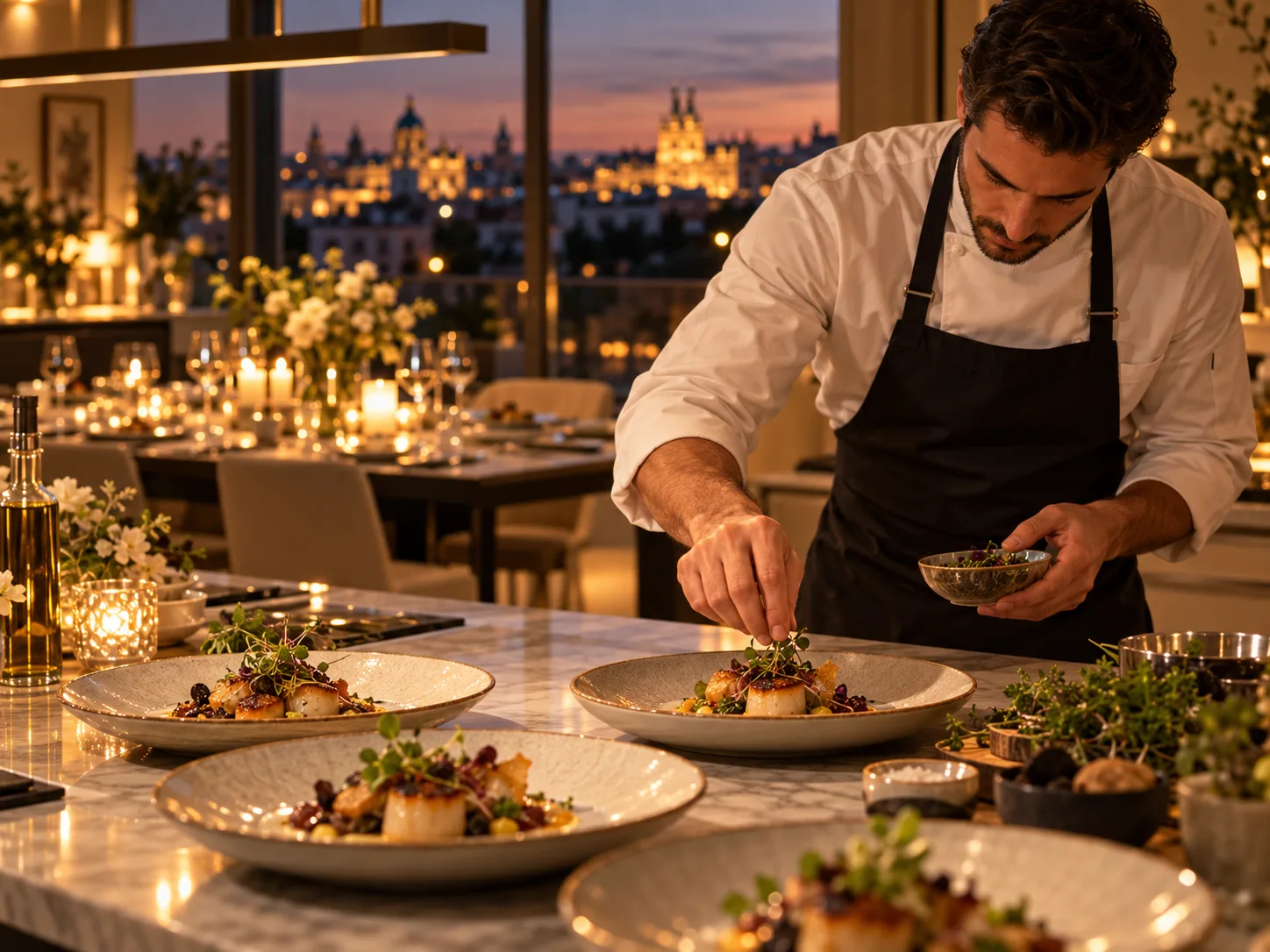 Private chef finishing dinner plates in a Madrid home before a birthday celebration