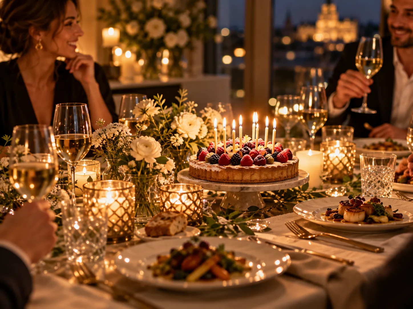 Birthday cake with candles on a private dining table in Madrid