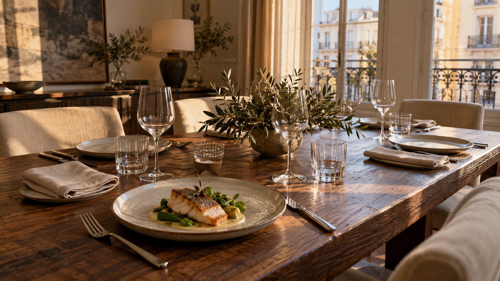 Mesa de madera preparada para una experiencia de chef privado en Madrid
