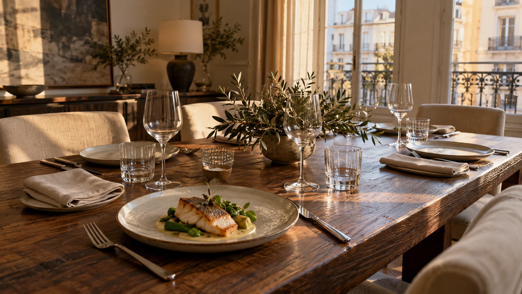 Mesa de madera preparada para una experiencia de chef privado en Madrid
