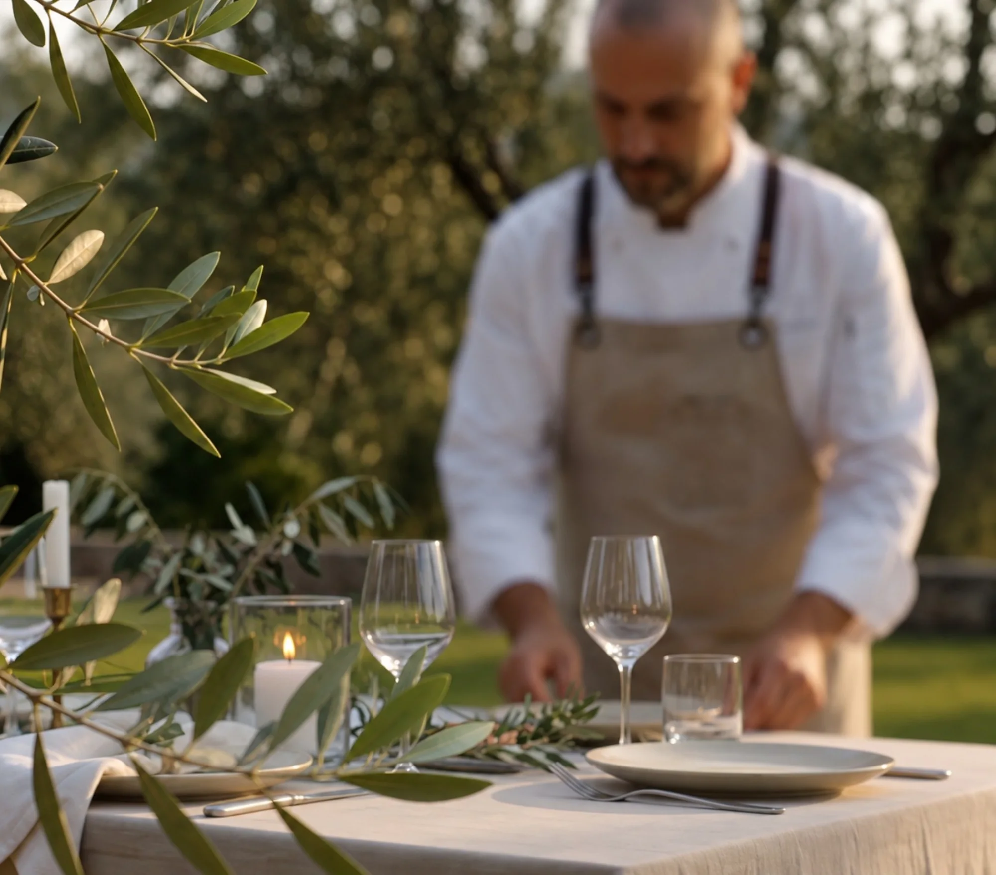 Mesa preparada al atardecer junto a un olivar, con copas de cristal y velas en primer plano mientras el chef ultima el servicio al fondo