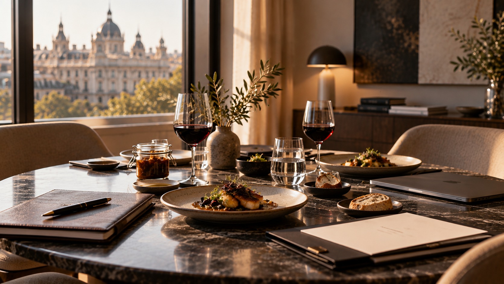 Mesa discreta preparada para una comida de negocios con un cliente importante