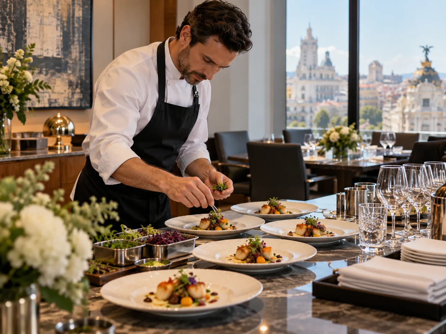 Chef preparando platos de alta cocina en una oficina para una comida de trabajo en Madrid