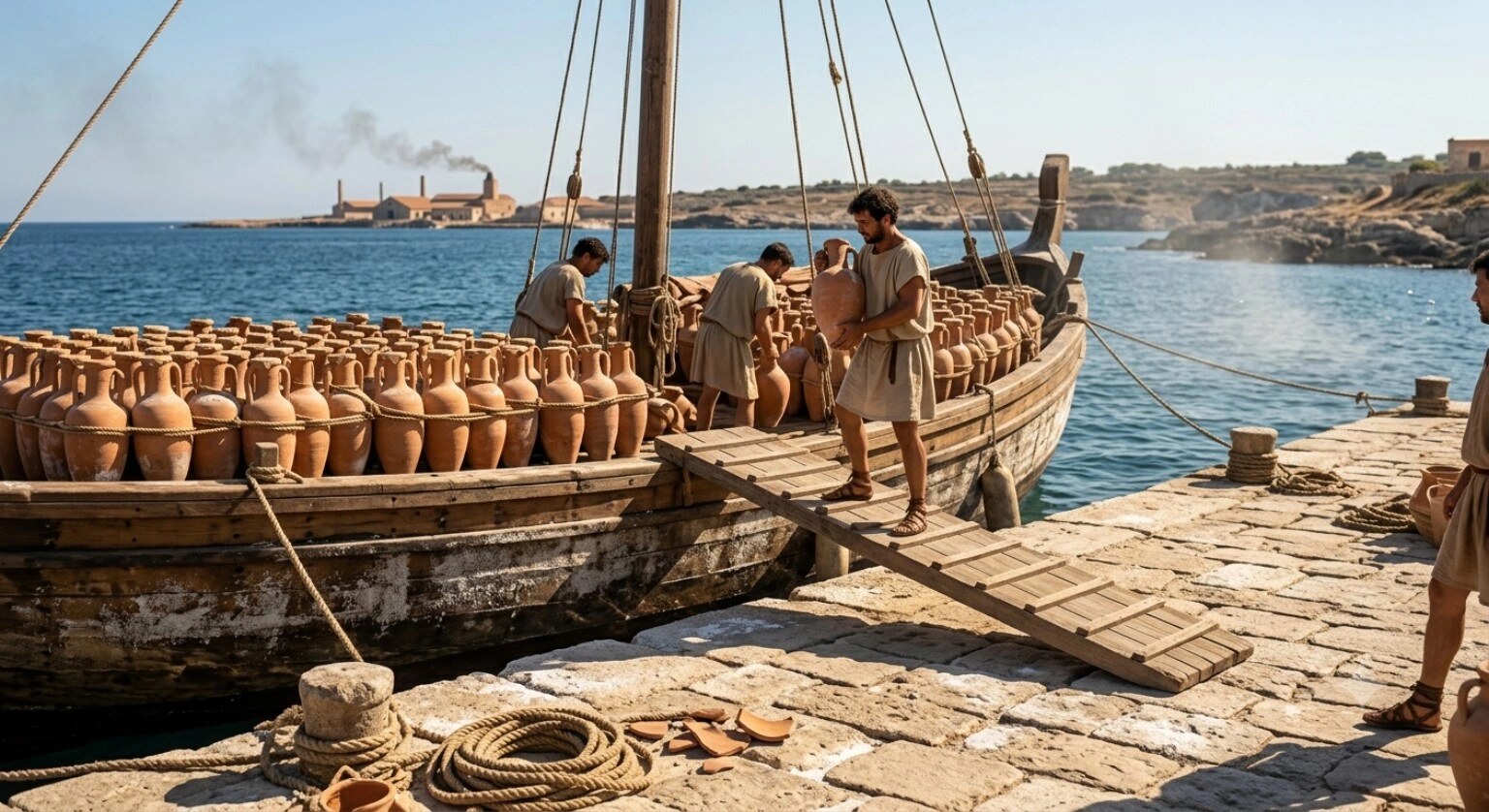 Ánforas de garum cargadas en un barco mercante romano