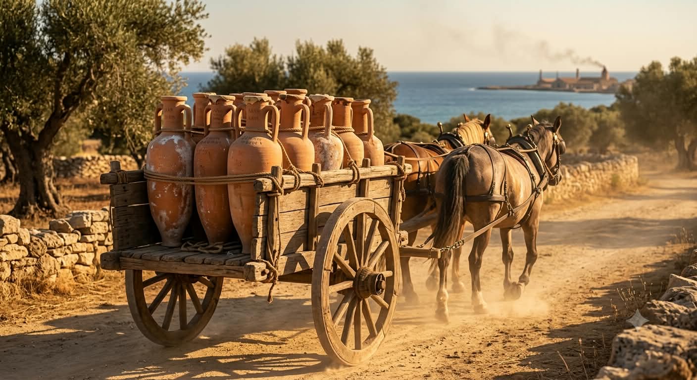 Roman cart loaded with garum amphorae on a coastal road