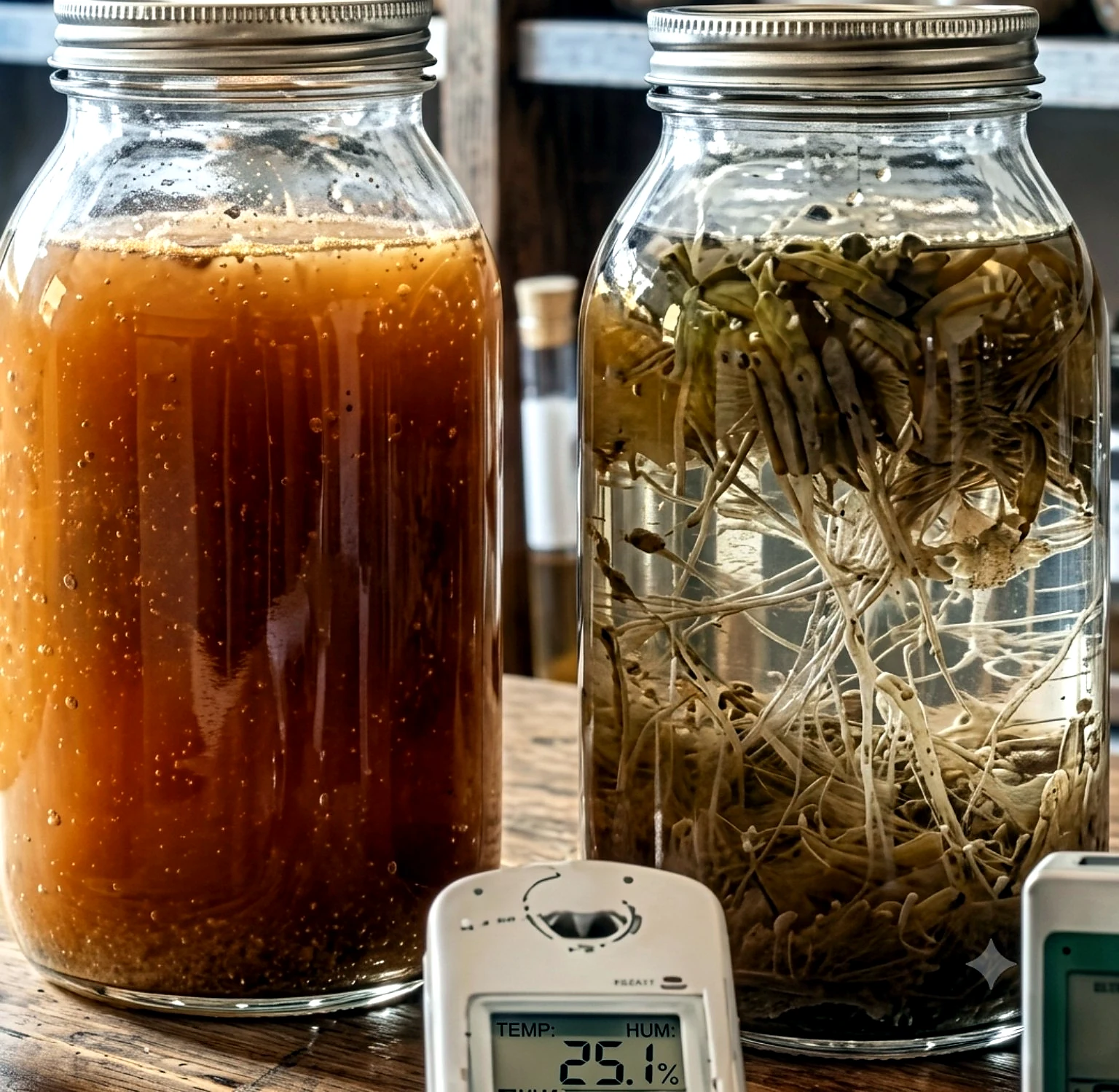 Dos frascos de fermentación: garum de hongos (oscuro) y garum de raíces (claro)