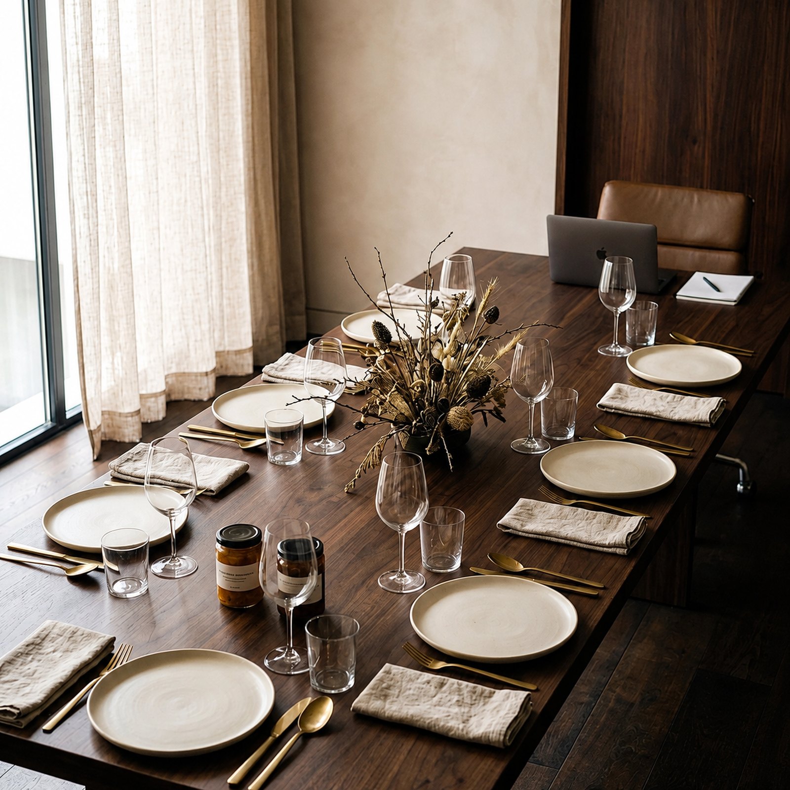 Mesa de reuniones preparada para una comida de dirección, con vajilla artesanal y cristalería