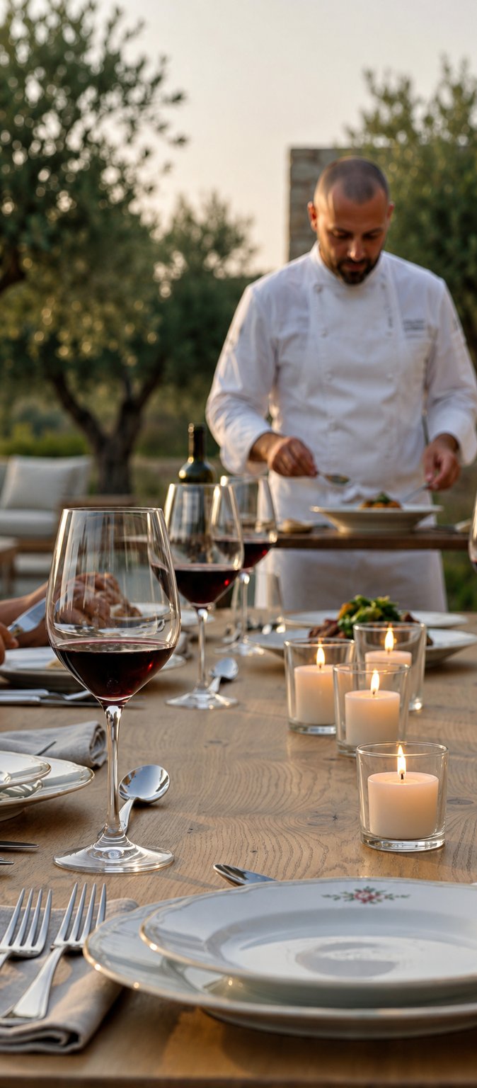 Últimos toques sobre el plato, con velas y copas de vino en primer plano