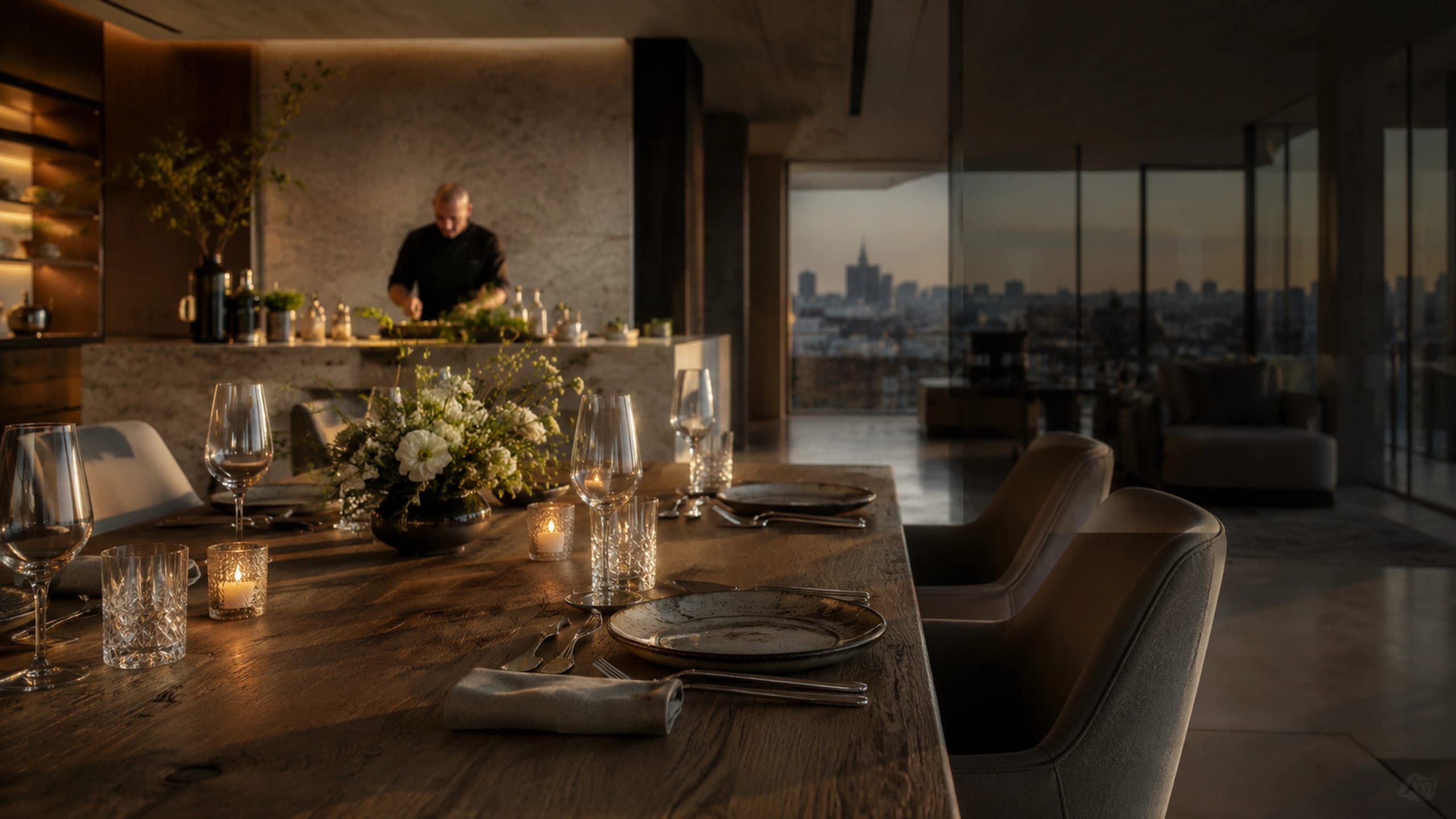 Mesa privada preparada al atardecer, con vistas a Madrid, mientras el chef finaliza el emplatado